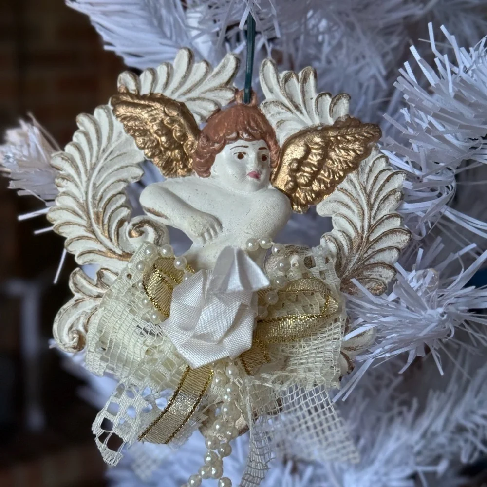 Rare 1971 Gold Angel Cherub Victorian Edwardian Christmas Ornaments